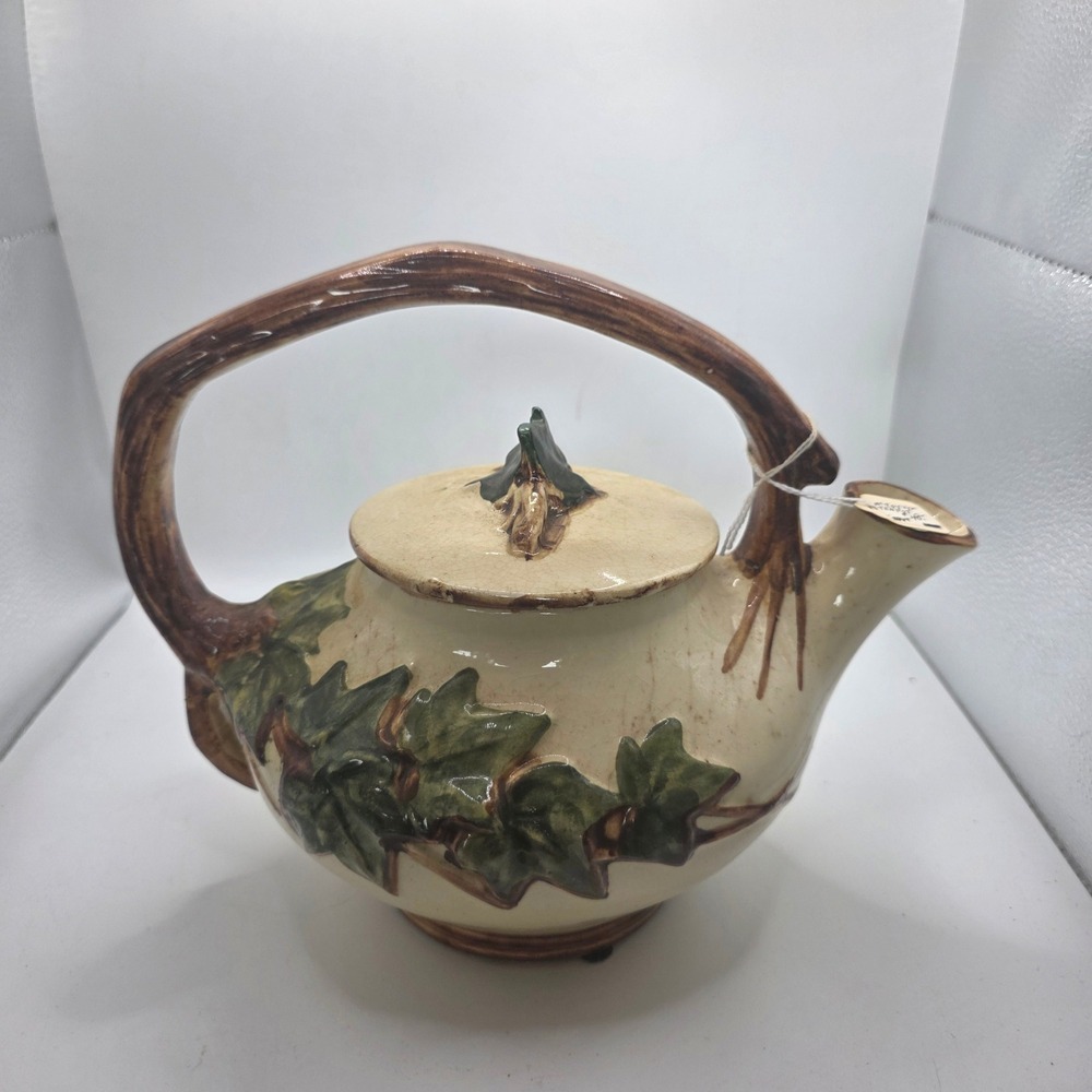 McCoy Pottery Ivy Teapot 1940s Raised Green Leaves Branch Handle w/ Lid